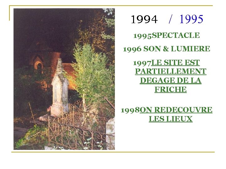 1994 / 1995 SPECTACLE 1996 SON & LUMIERE 1997 LE SITE EST PARTIELLEMENT DEGAGE