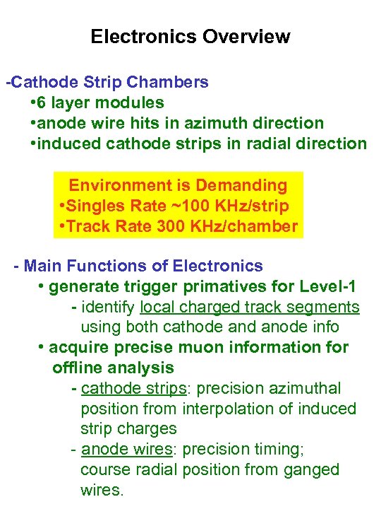 Electronics Overview -Cathode Strip Chambers • 6 layer modules • anode wire hits in