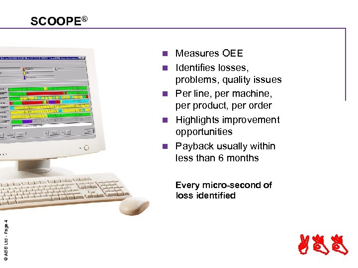 SCOOPE® n n n Measures OEE Identifies losses, problems, quality issues Per line, per