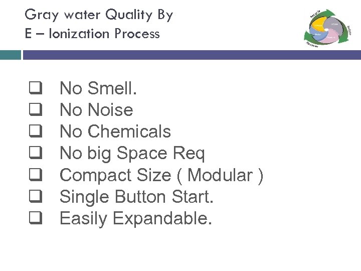 Gray water Quality By E – Ionization Process q q q q No Smell.