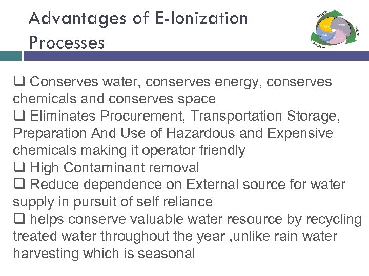 Advantages of E-Ionization Processes q Conserves water, conserves energy, conserves chemicals and conserves space