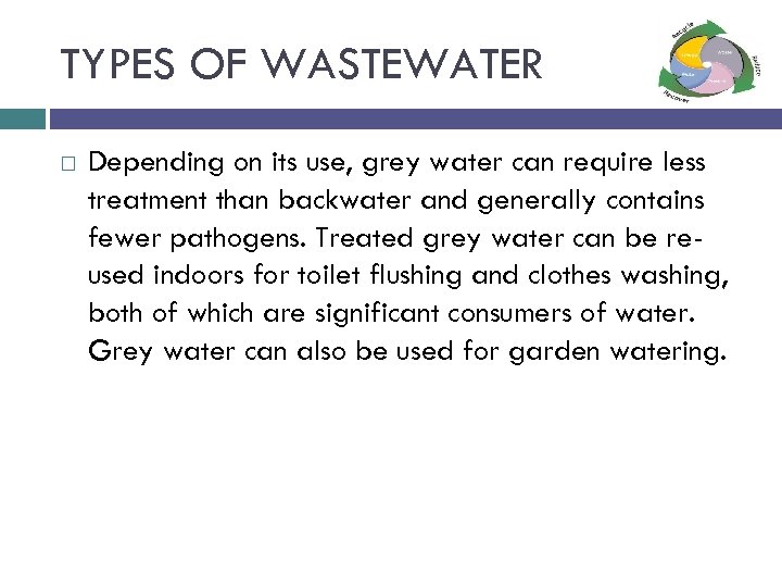 TYPES OF WASTEWATER Depending on its use, grey water can require less treatment than