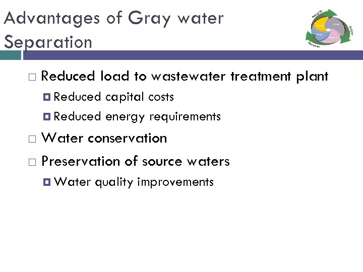 Advantages of Gray water Separation Reduced load to wastewater treatment plant Reduced capital costs