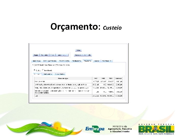 Orçamento: Custeio Orçamento 