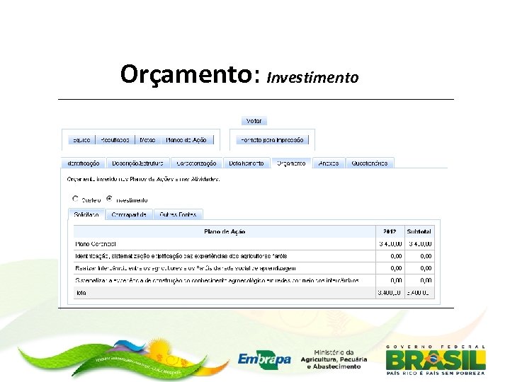 Orçamento: Investimento Orçamento 