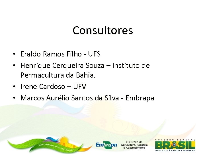 Consultores • Eraldo Ramos Filho - UFS • Henrique Cerqueira Souza – Instituto de