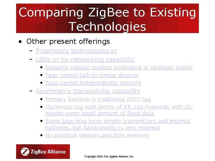 Comparing Zig. Bee to Existing Technologies • Other present offerings – Proprietary technologies or