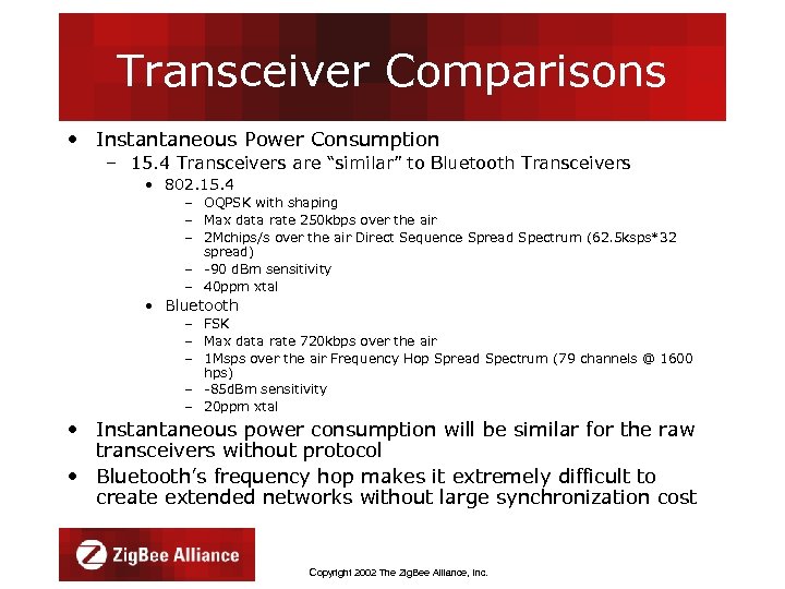 Transceiver Comparisons • Instantaneous Power Consumption – 15. 4 Transceivers are “similar” to Bluetooth