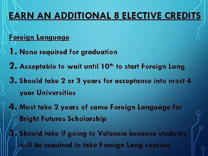 EARN AN ADDITIONAL 8 ELECTIVE CREDITS Foreign Language 1. None required for graduation 2.