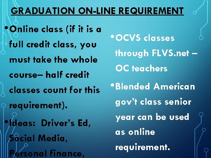 GRADUATION ON-LINE REQUIREMENT • Online class (if it is a full credit class, you