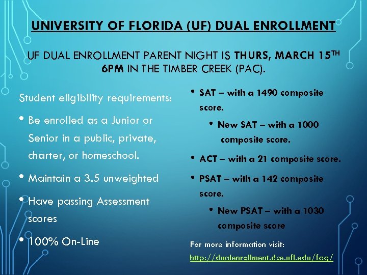 UNIVERSITY OF FLORIDA (UF) DUAL ENROLLMENT UF DUAL ENROLLMENT PARENT NIGHT IS THURS, MARCH