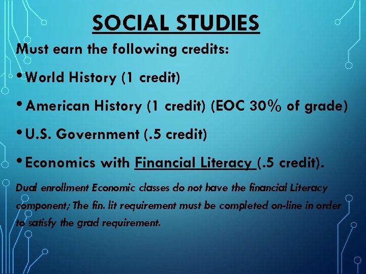 SOCIAL STUDIES Must earn the following credits: • World History (1 credit) • American