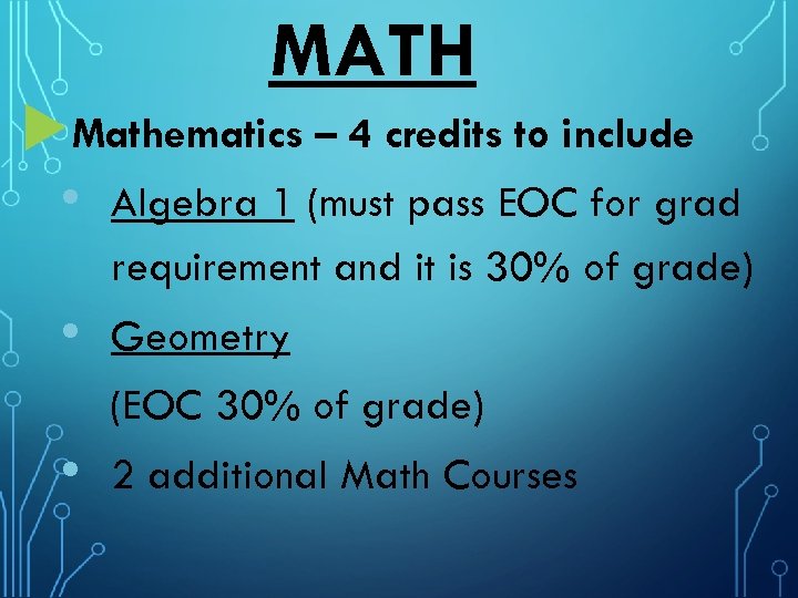 MATH Mathematics – 4 credits to include • Algebra 1 (must pass EOC for