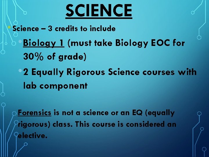 SCIENCE • Science – 3 credits to include • Biology 1 (must take Biology