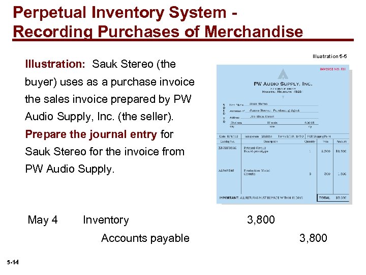 Perpetual Inventory System Recording Purchases of Merchandise Illustration 5 -5 Illustration: Sauk Stereo (the