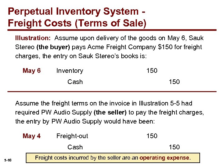 Perpetual Inventory System Freight Costs (Terms of Sale) Illustration: Assume upon delivery of the