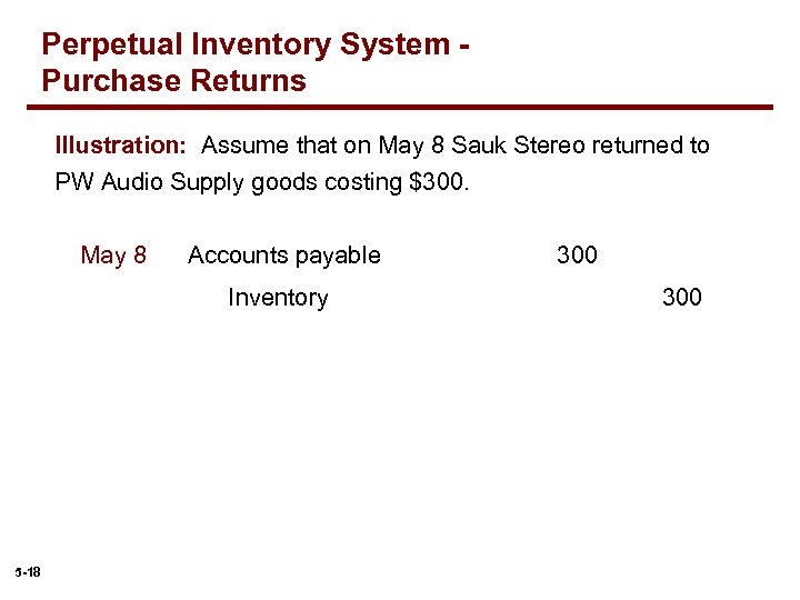 Perpetual Inventory System Purchase Returns Illustration: Assume that on May 8 Sauk Stereo returned