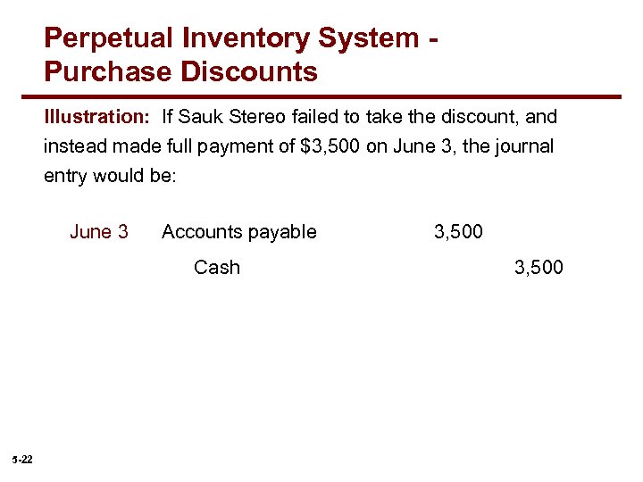 Perpetual Inventory System Purchase Discounts Illustration: If Sauk Stereo failed to take the discount,