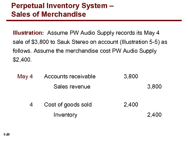 Perpetual Inventory System – Sales of Merchandise Illustration: Assume PW Audio Supply records its