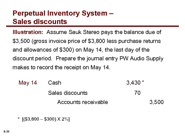 Perpetual Inventory System – Sales discounts Illustration: Assume Sauk Stereo pays the balance due