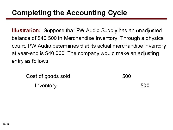 Completing the Accounting Cycle Illustration: Suppose that PW Audio Supply has an unadjusted balance