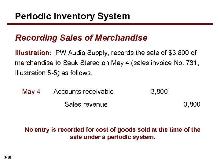 Periodic Inventory System Recording Sales of Merchandise Illustration: PW Audio Supply, records the sale