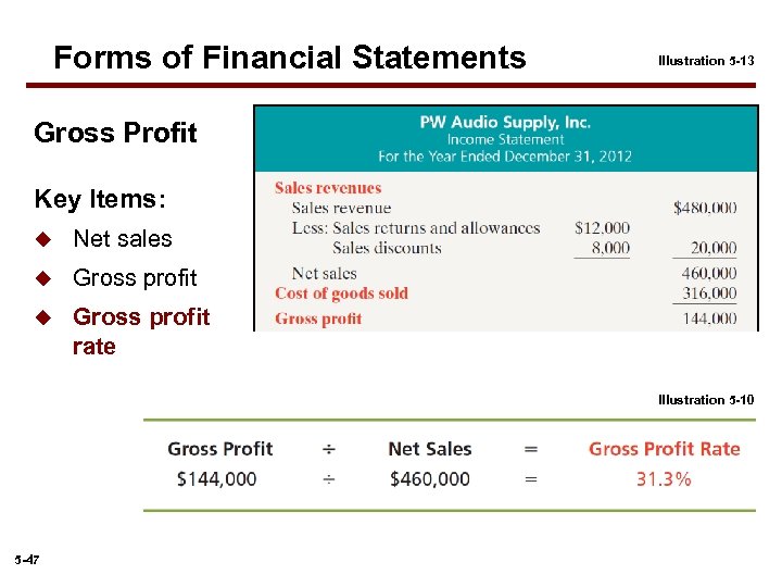 Forms of Financial Statements Illustration 5 -13 Gross Profit Key Items: u Net sales