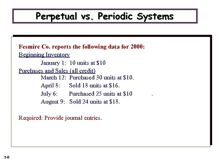 Perpetual vs. Periodic Systems Fesmire Co. reports the following data for 2000: Beginning Inventory