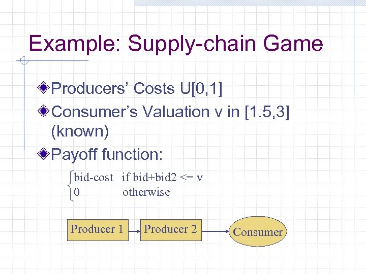Example: Supply-chain Game Producers’ Costs U[0, 1] Consumer’s Valuation v in [1. 5, 3]