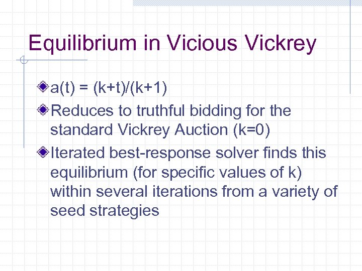 Equilibrium in Vicious Vickrey a(t) = (k+t)/(k+1) Reduces to truthful bidding for the standard