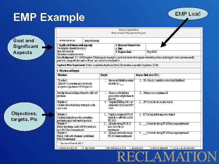 EMP Example Goal and Significant Aspects Objectives, targets, PIs EMP Lead 
