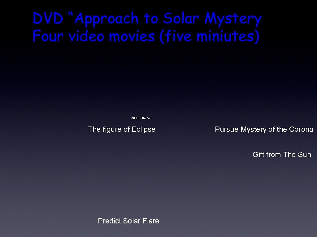 DVD “Approach to Solar Mystery Four video movies (five miniutes) Gift from The Sun