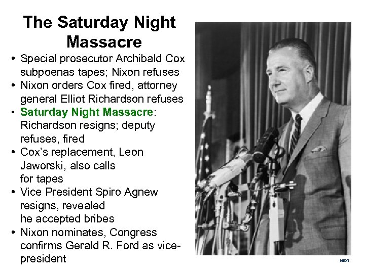 The Saturday Night Massacre • Special prosecutor Archibald Cox subpoenas tapes; Nixon refuses •