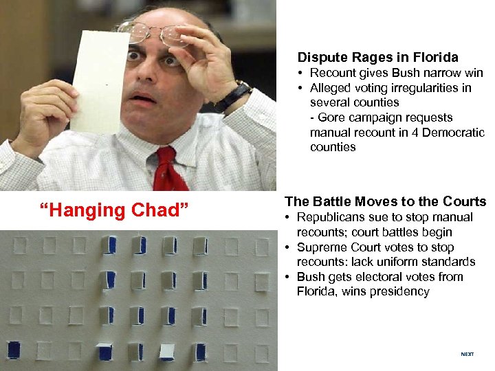 Dispute Rages in Florida • Recount gives Bush narrow win • Alleged voting irregularities