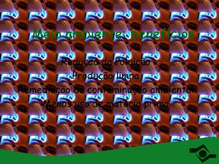 Meio ambiente: benefícios Redução da Poluição Produção limpa Remediação da contaminação ambiental Menos uso