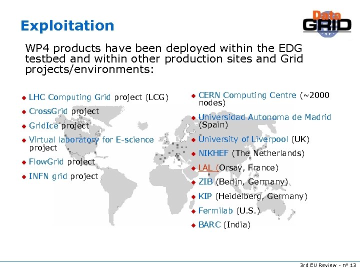 Exploitation WP 4 products have been deployed within the EDG testbed and within other