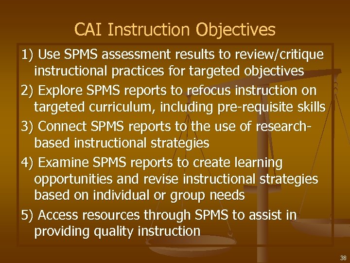 CAI Instruction Objectives 1) Use SPMS assessment results to review/critique instructional practices for targeted