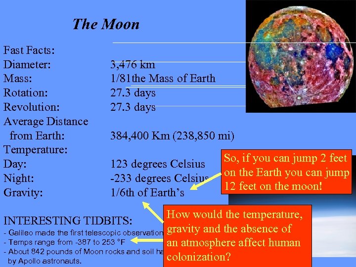 The Moon Fast Facts: Diameter: Mass: Rotation: Revolution: Average Distance from Earth: Temperature: Day: