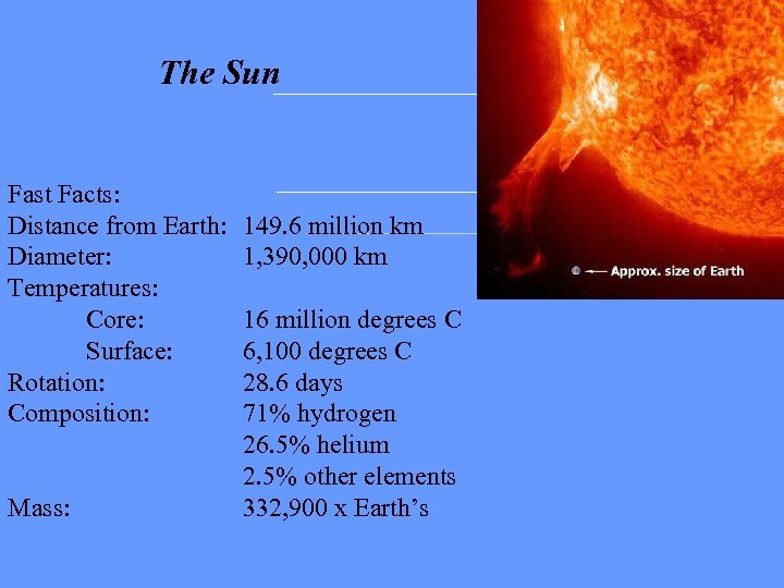 The Sun Fast Facts: Distance from Earth: Diameter: Temperatures: Core: Surface: Rotation: Composition: Mass: