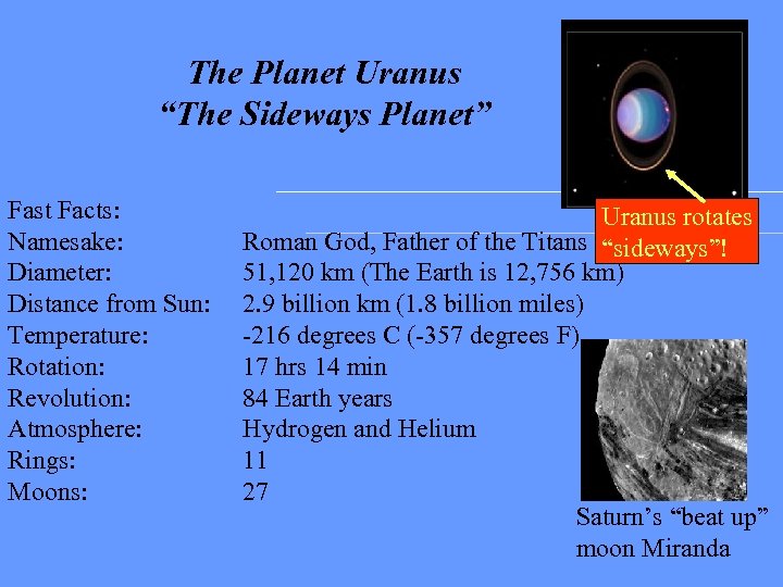 The Planet Uranus “The Sideways Planet” Fast Facts: Namesake: Diameter: Distance from Sun: Temperature:
