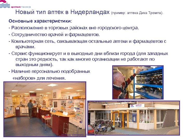 Новый тип аптек в Нидерландах (пример: аптека Дика Тромпа). Основные характеристики: - Расположение в