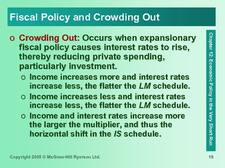 Fiscal Policy and Crowding Out o Income increases more and interest rates increase less,