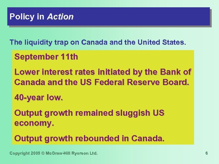 Policy in Action The liquidity trap on Canada and the United States. September 11