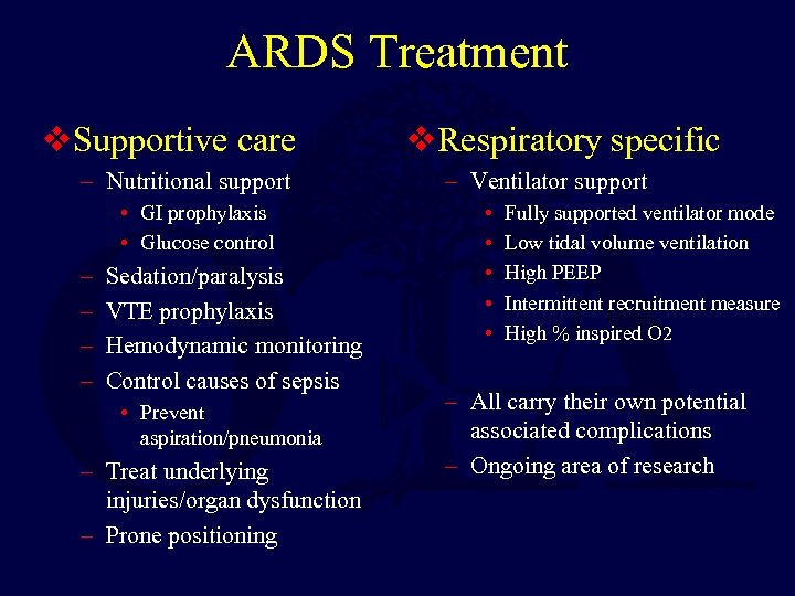 ARDS Treatment v. Supportive care – Nutritional support • GI prophylaxis • Glucose control