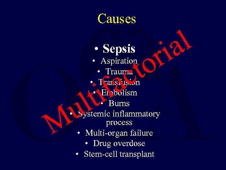 Causes • Aspiration • Trauma • Transfusion • Embolism • Burns • Systemic inflammatory