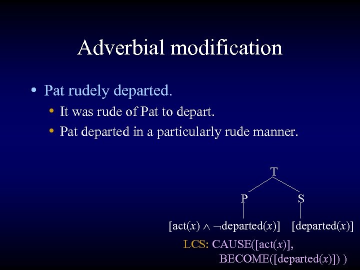 Adverbial modification • Pat rudely departed. • It was rude of Pat to depart.