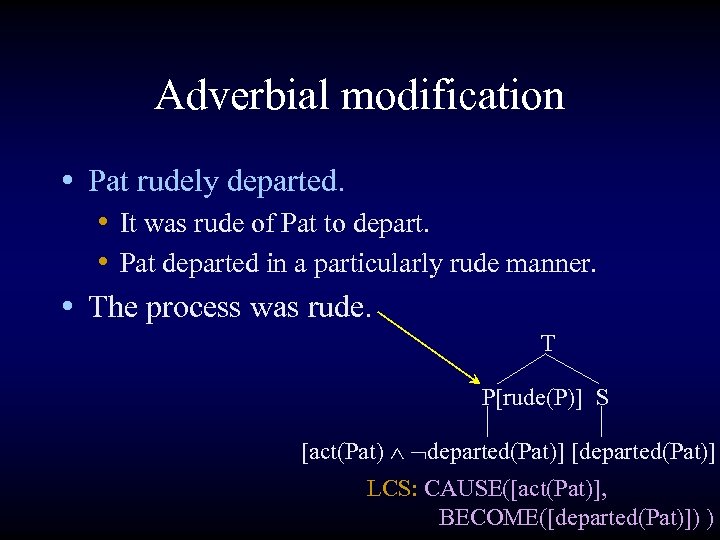 Adverbial modification • Pat rudely departed. • It was rude of Pat to depart.