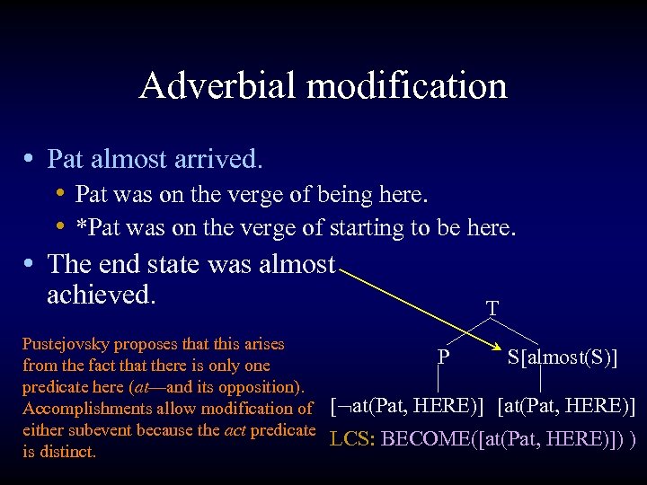 Adverbial modification • Pat almost arrived. • Pat was on the verge of being