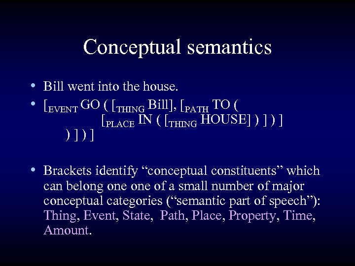 Conceptual semantics • Bill went into the house. • [EVENT GO ( [THING Bill],