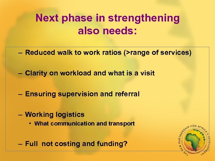 Next phase in strengthening also needs: – Reduced walk to work ratios (>range of